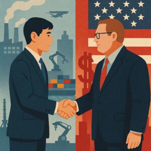 日本とアメリカのビジネスマンが握手し、それぞれの国の産業背景が対比的に描かれているイラスト
