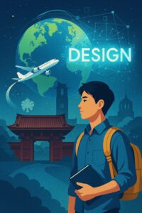 東京大学の赤門と地球を背景に、バックパックを背負い本を持つ学生が未来を見つめるイラスト