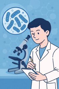顕微鏡と腸内細菌を観察する白衣の若い研究者のイラスト