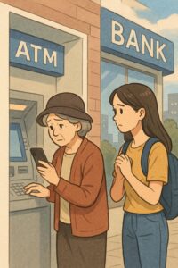 女子大学生の機転で詐欺被害を未然に防いだ実話をもとにしたイラスト
