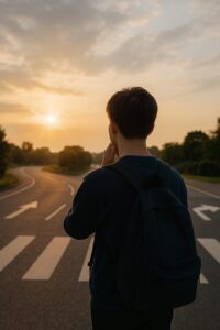 夕暮れの分かれ道に立ち、将来を見つめる高校生の後ろ姿