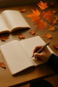 秋の光が差し込む机で、中学生がノートに書き込みをしている勉強風景