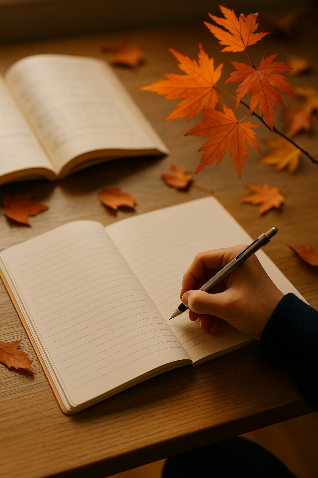 秋の光が差し込む机で、中学生がノートに書き込みをしている勉強風景