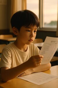 教室で通知表を見つめる小学生の男の子の横顔