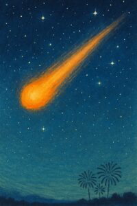 夜空を横切る大きなオレンジ色の火球と星空、下に花火のシルエットが描かれたイラスト