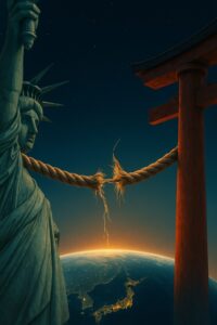 米国の自由の女神と日本の鳥居を結ぶ太いロープがほつれ、地球（日本列島）を背景に切れかけている様子を描いたデジタルアート