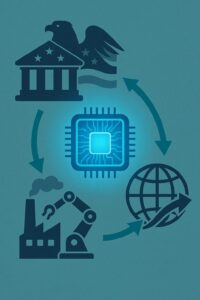 中央の半導体チップを軸に、米政府、同盟国企業、国際資本を示す三角関係のイラスト