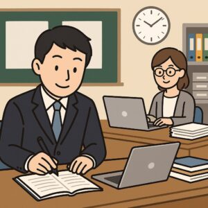 教員2人が職員室で作業しているイラスト。男性教師はノートにペンで記入し、女性教師はノートパソコンで作業している。