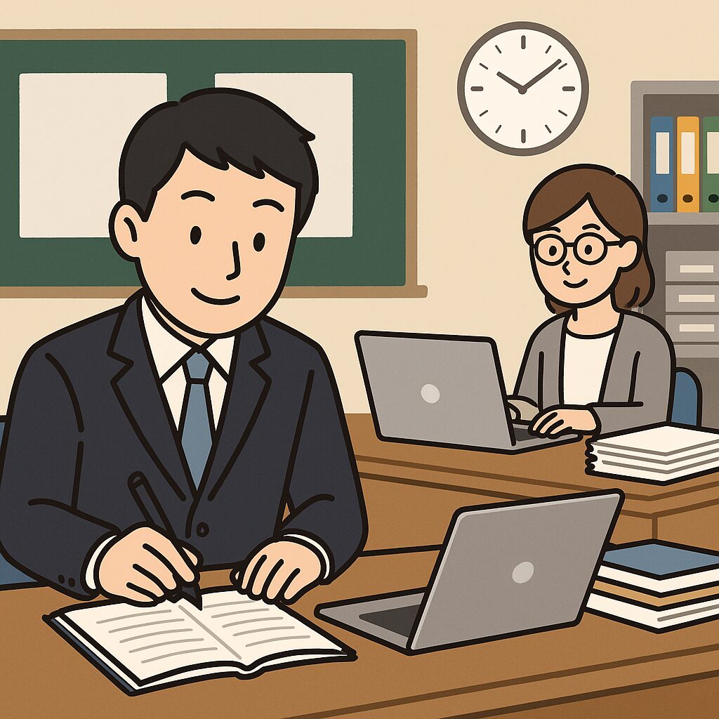 教員2人が職員室で作業しているイラスト。男性教師はノートにペンで記入し、女性教師はノートパソコンで作業している。