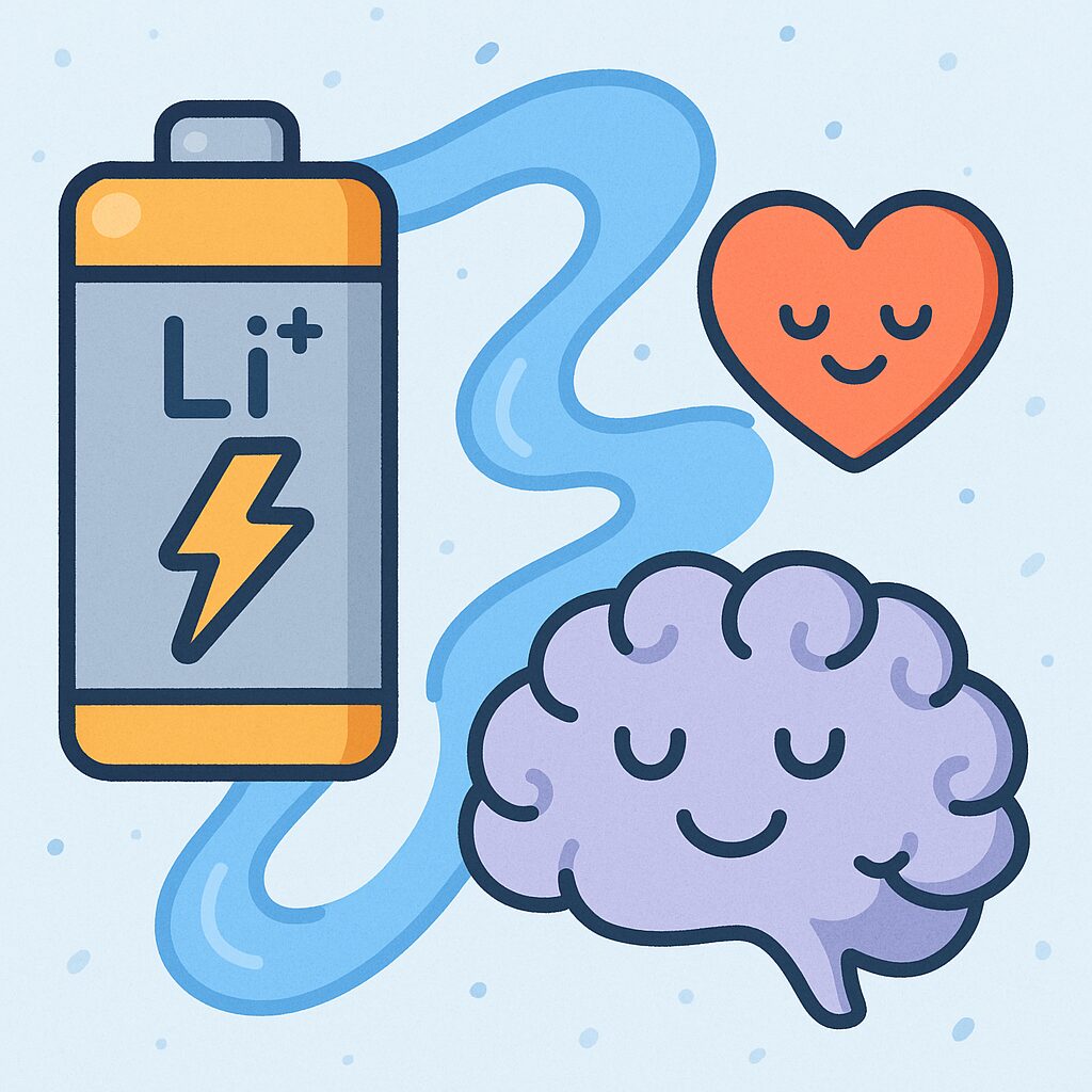 リチウム電池と水の流れでつながる脳と心臓のイラスト