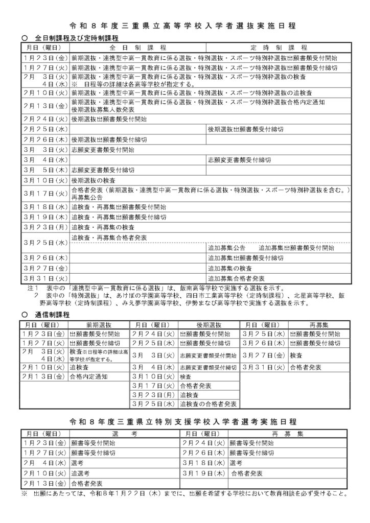 令和8年度三重県立高等学校入学者選抜実施日程の一覧表。前期・後期・再募集の日程が記載されている。