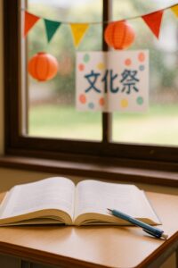 教室の机に開かれた教科書とシャープペンシル、窓の外には文化祭の飾りが見える