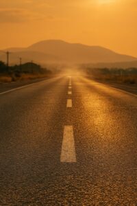 真夏の直射日光に照らされたアスファルト道路と揺れる陽炎の風景