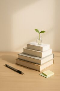 階段状に積まれた教科書と単語カード、差し込む光と小さな新芽で成長を象徴した静物構図