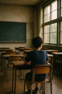 教室の後ろにひとり座る生徒の後ろ姿