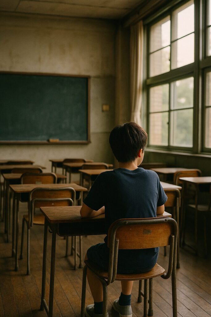 教室の後ろにひとり座る生徒の後ろ姿