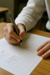 試験中にシャープペンで答案を書いている受験生の手元の写真