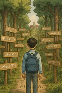 森の中で大学の方向を示す多数の標識に囲まれ、進路を迷う高校生の後ろ姿のイラスト