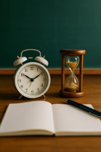 教室の木の机の上に置かれた砂時計と時計、ノートとペン。黒板を背景に、受験勉強の緊張感と時間のカウントダウンを象徴する静かなシーン。