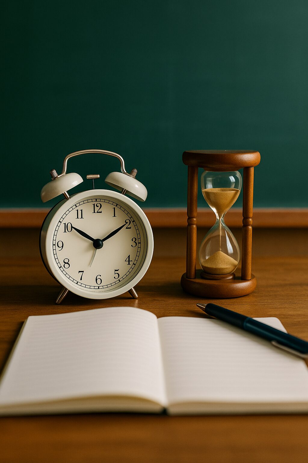 教室の木の机の上に置かれた砂時計と時計、ノートとペン。黒板を背景に、受験勉強の緊張感と時間のカウントダウンを象徴する静かなシーン。