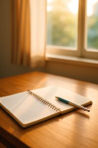 木の机の上に開かれたノートとシャープペンシル、窓から差し込む朝日が勉強の習慣を象徴している