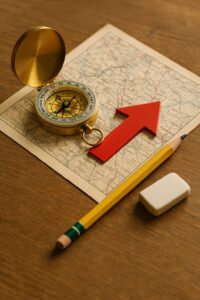 木製の机の上に広げられた地図とコンパス、鉛筆と消しゴムが置かれている。進路や学習計画を象徴するイメージ。
