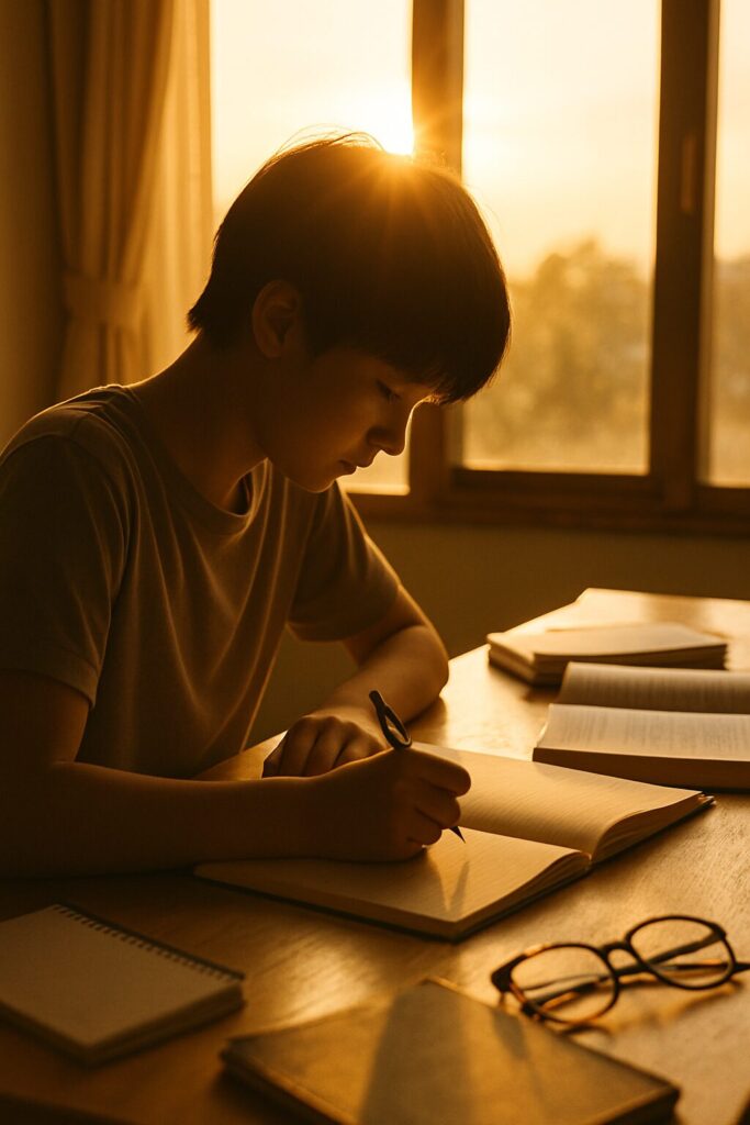 夕日の光の中で机に向かって勉強する中学生