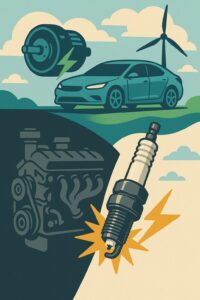クラシックなエンジンとスパークプラグ、そして未来的な電気自動車とモーターを対比させたイラスト