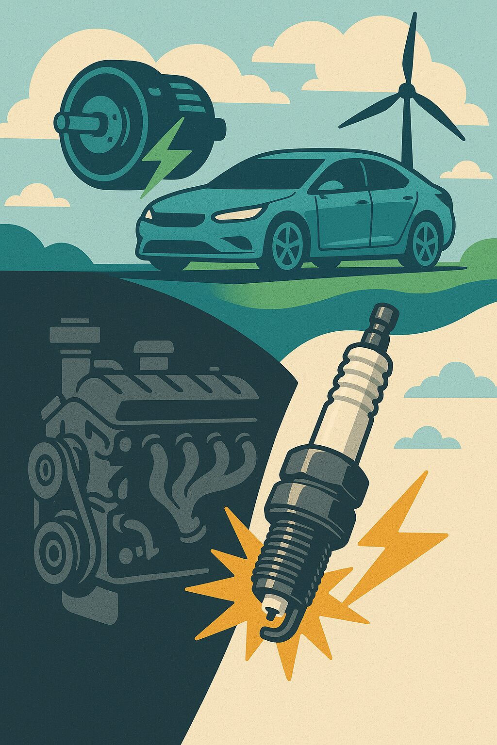 クラシックなエンジンとスパークプラグ、そして未来的な電気自動車とモーターを対比させたイラスト