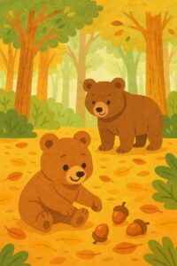 秋の森でどんぐりを拾って遊ぶ子グマと、その後ろで優しく見守る母グマの絵本風イラスト