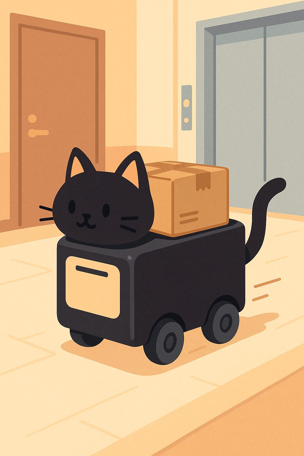 マンションの廊下を走る黒猫風の宅配ロボット。耳としっぽがついた可愛らしいデザインで、荷物を運んでいるイラスト。