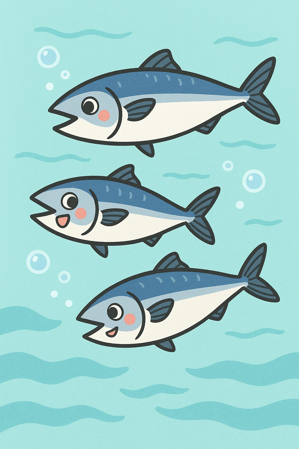 かわいい表情をしたサンマが海の中で追いかけっこしているイラスト