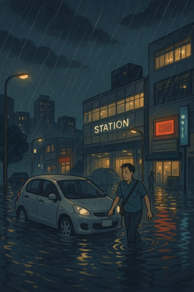 豪雨で冠水した都市の駅前を歩く男性と水に浸かった車を描いたイラスト
