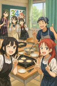 川越高校の文化祭をイメージしたイラスト。校舎を背景に、生徒たちが模擬店で焼きそばやパンケーキを提供している。青空の下、提灯や装飾が飾られ、賑やかで楽しげな雰囲気。