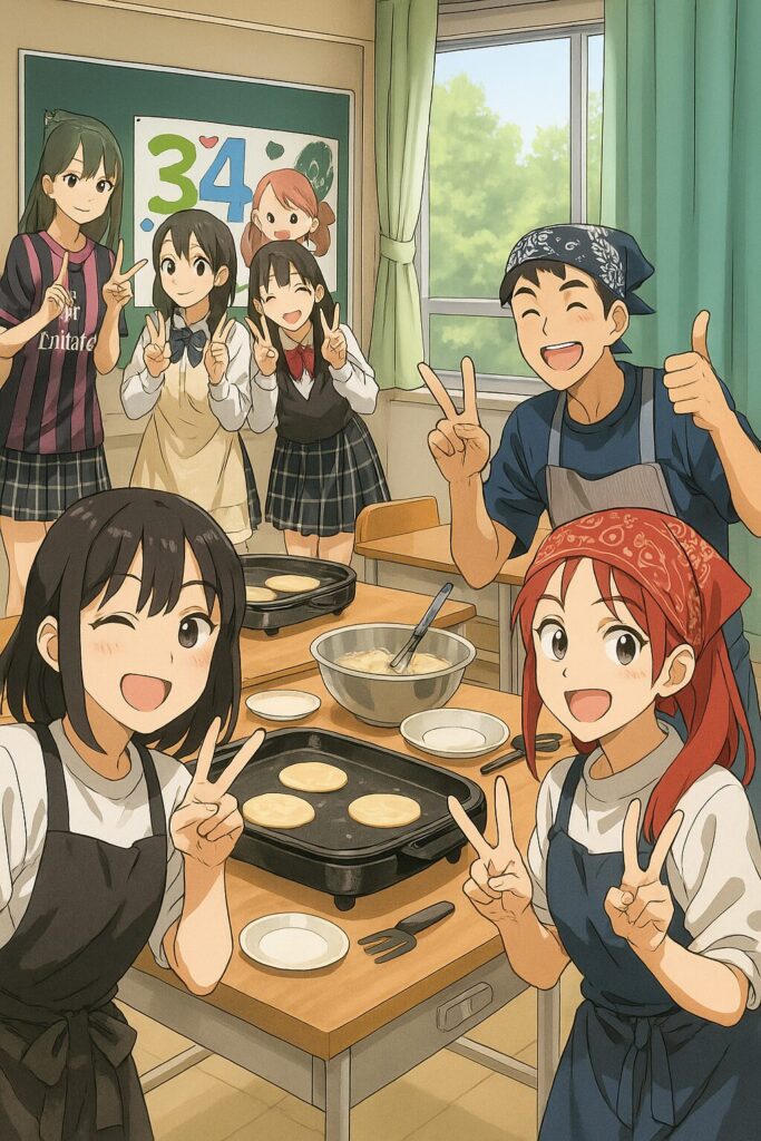 川越高校の文化祭をイメージしたイラスト。校舎を背景に、生徒たちが模擬店で焼きそばやパンケーキを提供している。青空の下、提灯や装飾が飾られ、賑やかで楽しげな雰囲気。