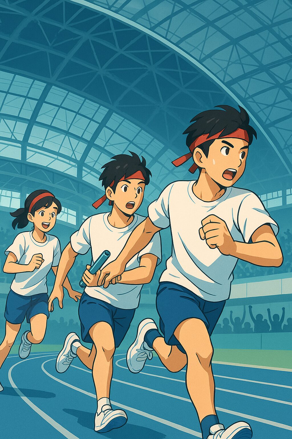 四日市ドームの屋内トラックでリレーを走る桑名高校の生徒たちのイラスト