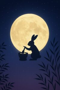 満月の前で餅をつくウサギのシルエットと竹の影