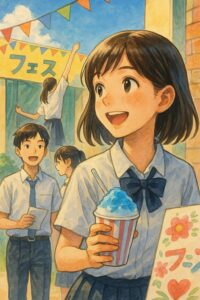 青空の下、模擬店やキッチンカーが並ぶ屋外文化祭。かき氷を持つ女子生徒と楽しそうに集まる高校生たち。