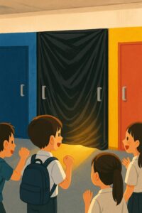 文化祭で使用された3つのドアをイメージしたイラスト。黒い幕のドアから光が漏れ、生徒たちが期待に胸を膨らませている。