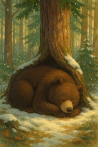雪の積もる森の中で、大きな木の根元に丸くなって眠るツキノワグマのイラスト