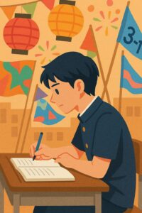 文化祭の装飾に囲まれながら机で勉強する男子高校生のイラスト