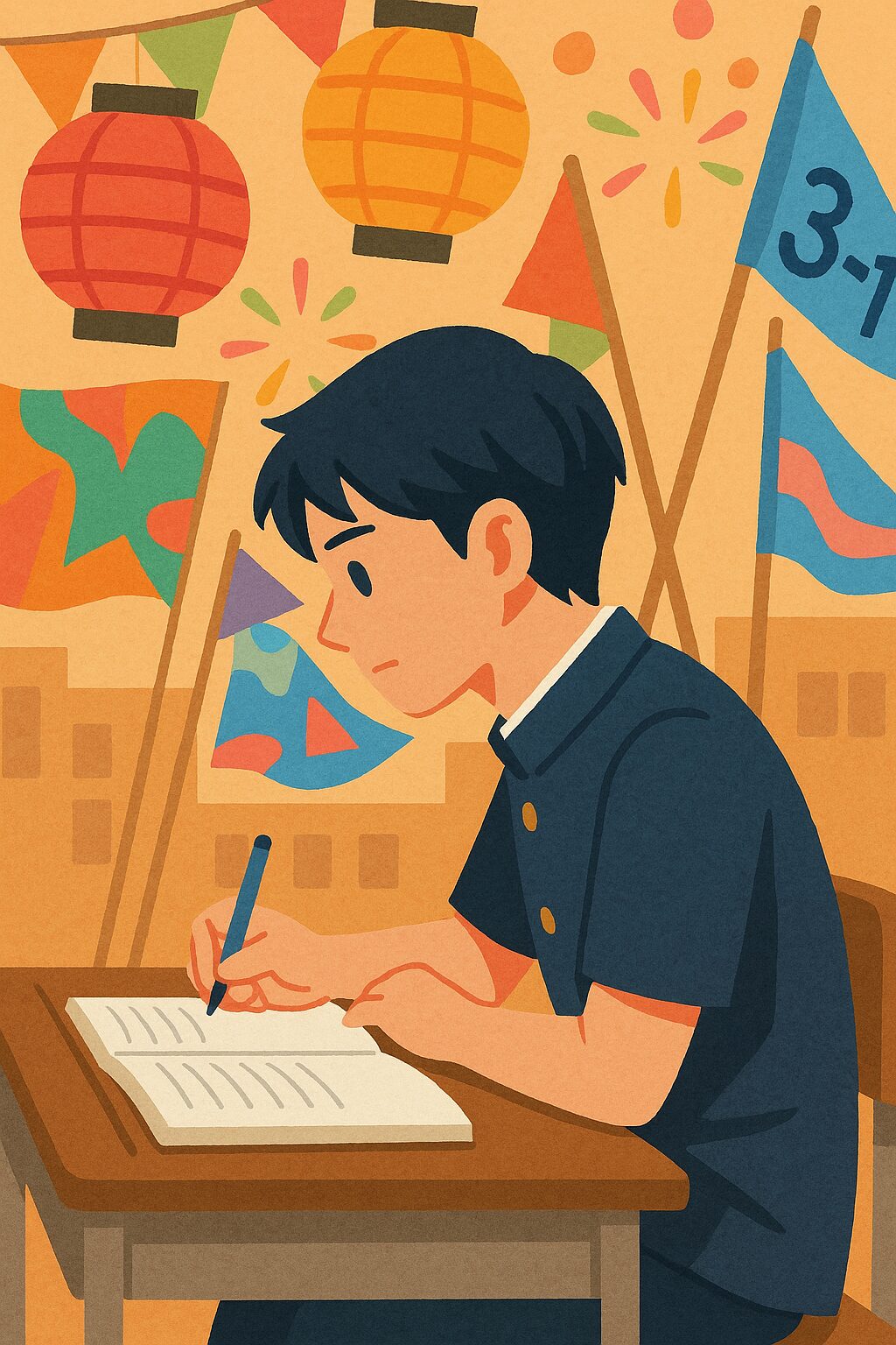 文化祭の装飾に囲まれながら机で勉強する男子高校生のイラスト