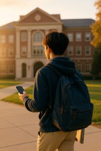 大学キャンパスの前を、スマートフォンとノートパソコンを手に歩いていく男子高校生の後ろ姿