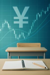 学習机の上にノートと鉛筆が置かれ、背景に円マークと株価チャートが映るイメージ