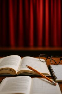 机の上に開かれた教科書とノート、鉛筆、眼鏡が置かれ、背景に赤い舞台カーテンが映っている様子。