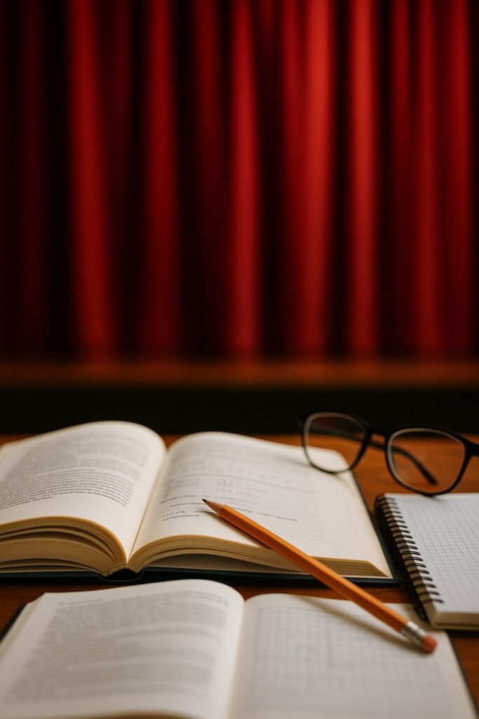 机の上に開かれた教科書とノート、鉛筆、眼鏡が置かれ、背景に赤い舞台カーテンが映っている様子。