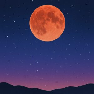 2025年9月8日未明、三重県桑名市で観測された皆既月食をイメージしたイラスト。夜空に赤銅色の満月が大きく描かれ、群青から紫へと移ろう背景のグラデーションと星々が幻想的な雰囲気を演出している。下部には丘のシルエットがあり、自然の静けさと壮大さを同時に表現している。