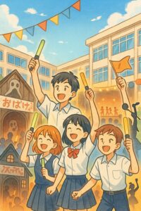 四日市高校の文化祭で、校舎前に集まりペンライトを振る生徒たちのイラスト