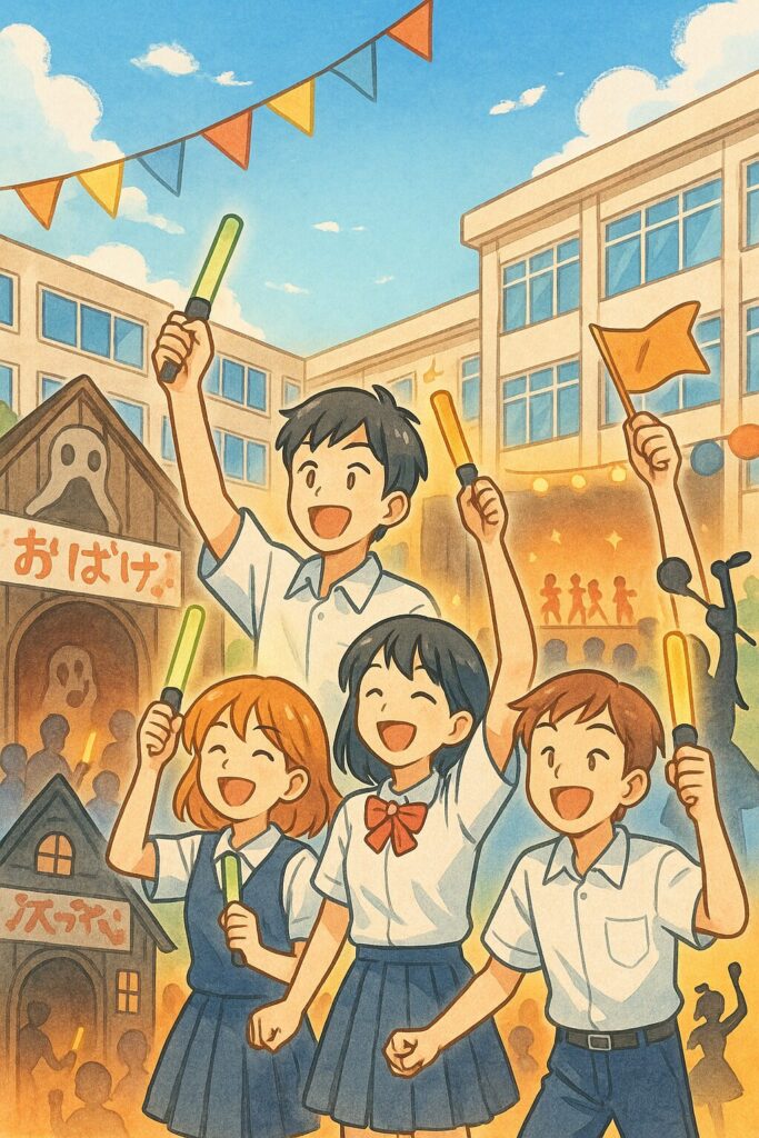 四日市高校の文化祭で、校舎前に集まりペンライトを振る生徒たちのイラスト