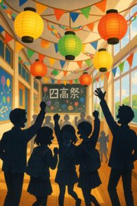 四日市高校の文化祭で提灯や旗が飾られた廊下を、高校生たちが笑顔で楽しんでいるイラスト